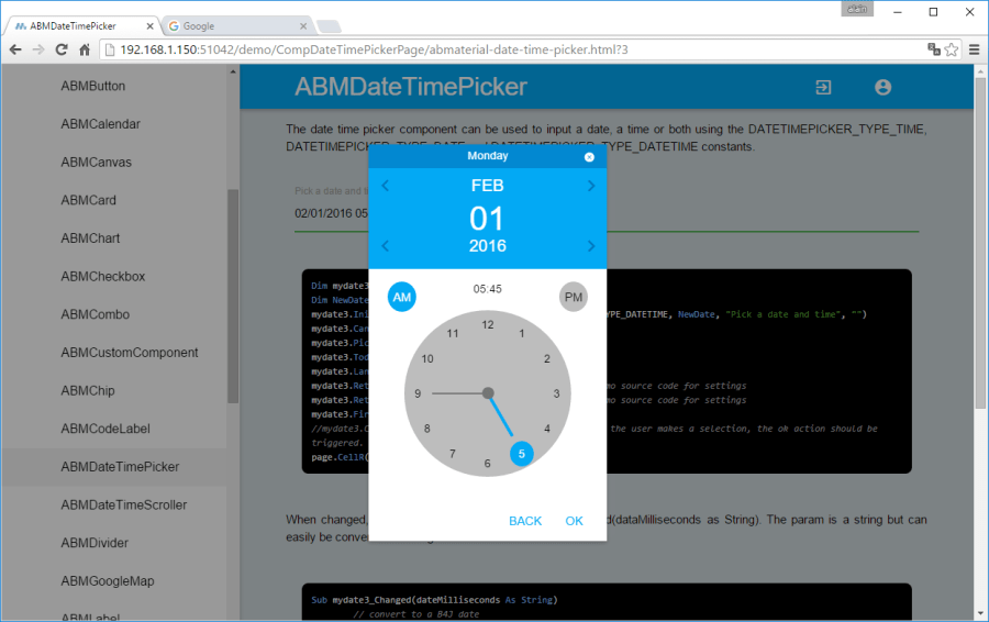 The Time picker of ABMaterial